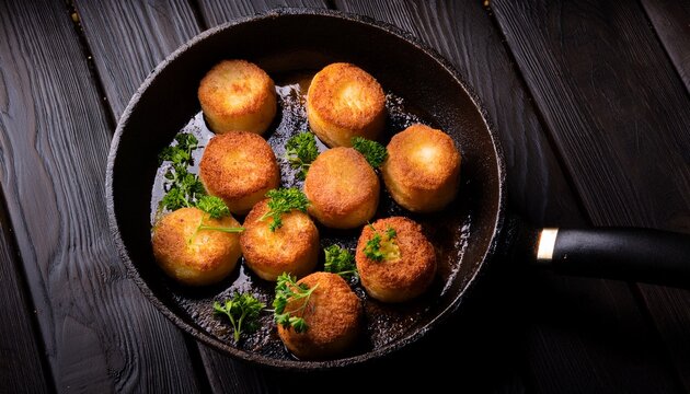 a frying pan contains several fried cylindrical food items garnished with herbs