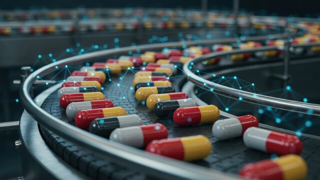 Pharmaceutical production line with capsule on conveyor belt and digital network