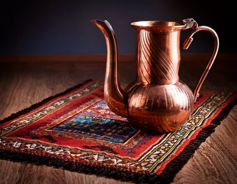 still life of copper jug and decorative rug