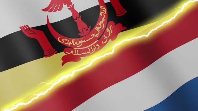 Two waving flags Brunei Darussalam and Netherlands with diagonal lightning seamless, 4k loop