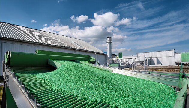 industrial plastic recycling plant with green pellets on a vibrating screen