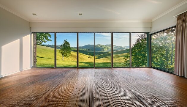 empty room with a large window framing a scenic view of rolling hills and trees the room has a wooden floor and white walls