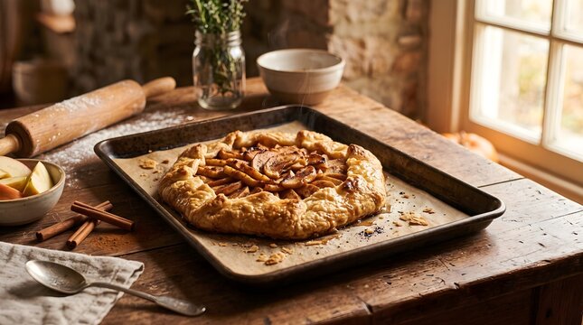 A delicious homemade apple galette or rustic tart baked on a vintage baking tray with rolling pin, cinnamon sticks, and warm autumn light in a cozy kitchen setup.