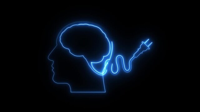 Neon blue human head and brain with an electric power plug