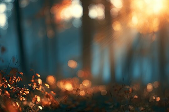 Golden sunbeams pierce autumn forest floor, illuminating falling leaves