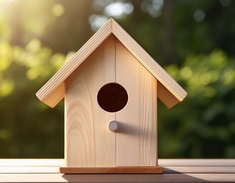 a small light colored wooden birdhouse with a peaked roof