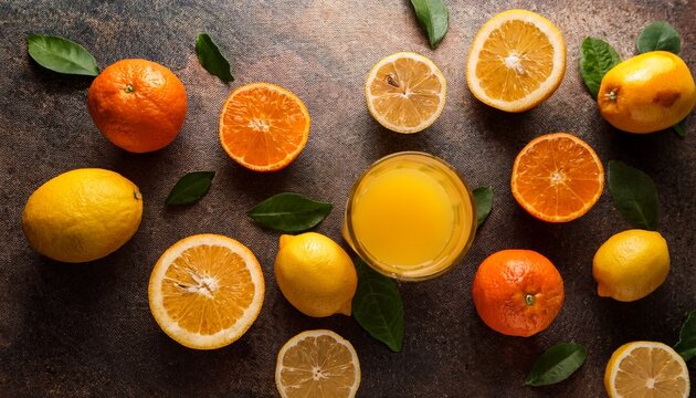 refreshing citrus beverage with fresh oranges and lemons arranged on a textured surface