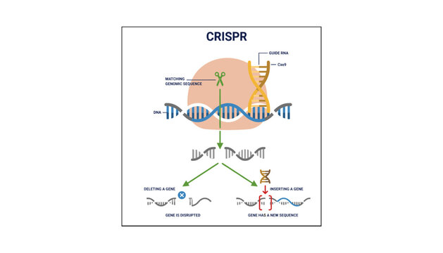 CRISPR Cas9 Gene Editing Technology Vector Diagram Showing DNA Strand Modification Guide RNA Deleting Inserting Genes for Medical Engineering and Biotechnology Education