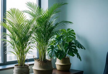 Fototapeta premium Indoor plants for home decor and office greening, natural air purification and biophilic design elements