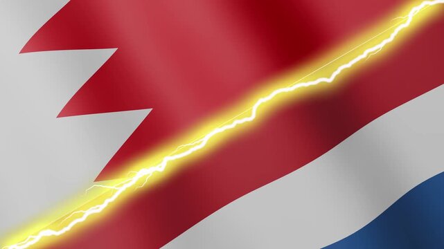 Two waving flags Bahrain and Netherlands with diagonal lightning seamless, 4k loop