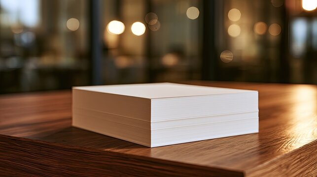 Stack of crisp white paper rests on polished wood table, office background
