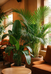 Fototapeta premium Indoor plants and natural decor, green foliage in a cozy cafe or lounge interior with warm lighting