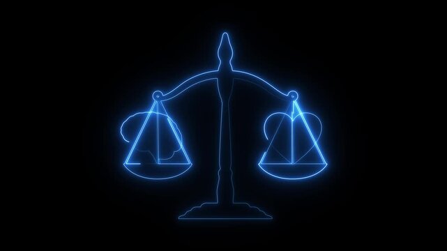 Glowing blue neon scale of justice icon on black background