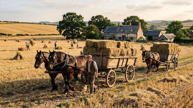 Oxen pulling cart through dry grass field