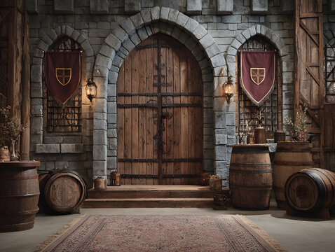 Ancient castle entrance background with heavy wooden door, stone wall, and torches