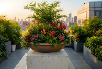 Fototapeta premium Urban rooftop garden with lush plants and colorful flowers, city skyline background at golden hour sunset