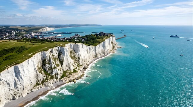 Aerial view of the iconic White Cliffs of Dover in Kent England.