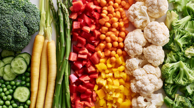 Assortment of fresh cut vegetables arranged neatly for healthy cooking and meal prep