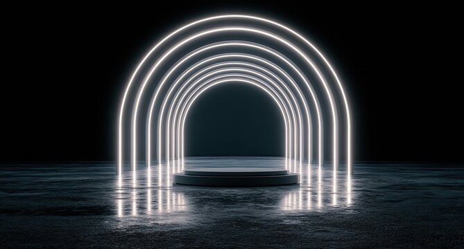 Glowing arches frame a dark, wet stage, promising a futuristic display