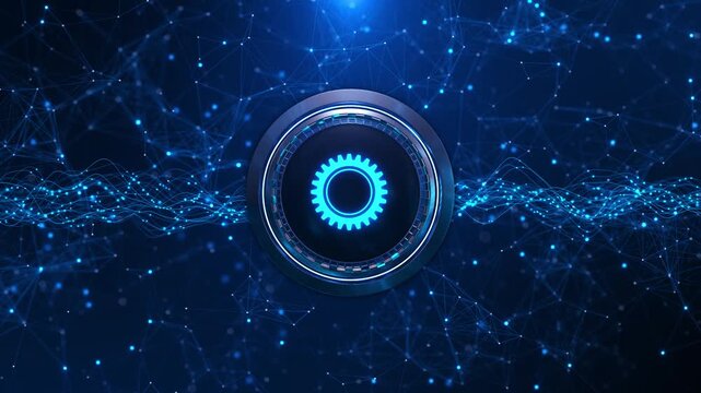 Glowing technology gear agentic AI, autonomous operations intelligent workflow orchestration across a connected digital network, for enterprise automation and advanced computing themes.