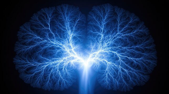 Luminous blue lightning branches erupt from a central bright core