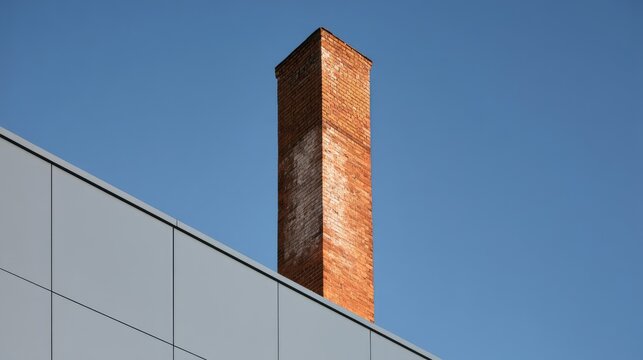 Tall brick chimney rises against a clear blue sky beside modern building