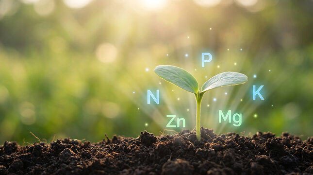 Green seedling sprouting from soil with digital nutrient icons for agriculture growth