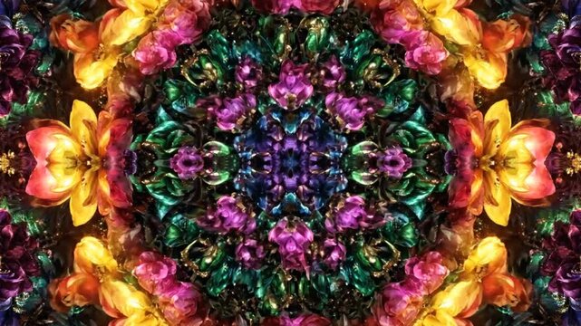 Kaleidoscopic animation of vibrant morphing flowers in geometric patterns