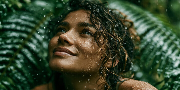 An evocative close-up shot of a happy woman looking up, enjoying a refreshing rain shower surrounded by lush green jungle ferns.