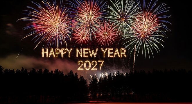 Bright colorful fireworks display illuminating the night sky above a crowd celebrating the arrival of the new year 2027