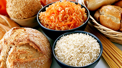 Naklejka premium Assorted bakery and grocery items including bread bowls of grain rice shredded carrots