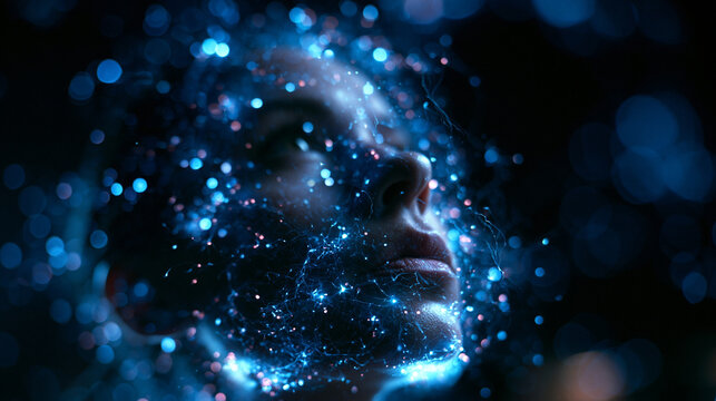 Digital Human Face Surrounded by Glowing Blue Particles