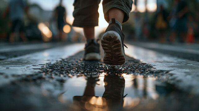 Low Angle View of Person Walking on Wet City Street