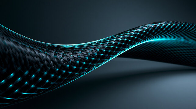 Abstract Carbon Fiber Mesh Wave with Glowing Blue Lights