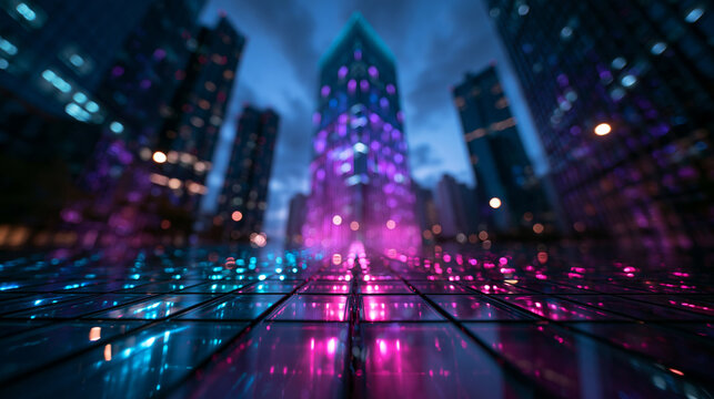 Futuristic Smart City Skyline with Neon Lights and Grid Reflection