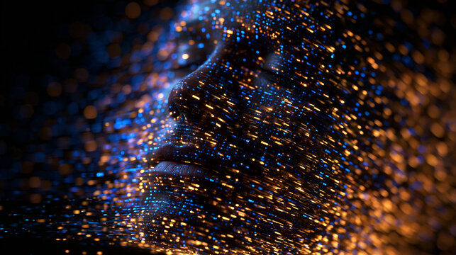 Digital AI Face Formed by Glowing Data Particles