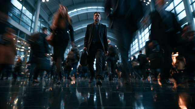 Businessman Walking in Busy Modern Terminal During Commute
