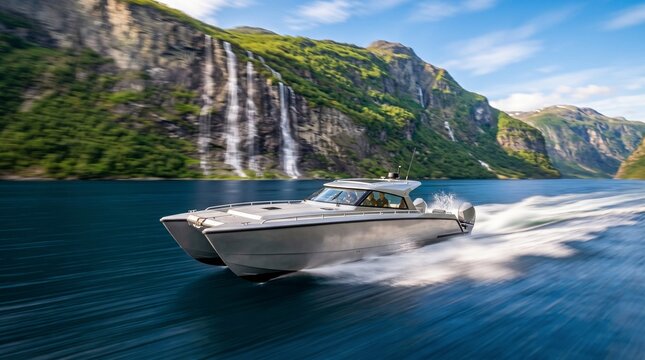 Luxury Powerboat Cruising Fast Across Scenic Mountain Fjord