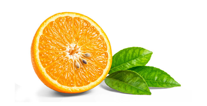 Fresh Orange Half Slice with Green Leaves PNG Isolated on Transparent Background - Juicy Citrus Fruit Cutout for Food Design