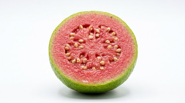 Fresh pink guava slice revealing juicy seed pattern on white background for food photography