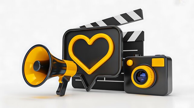 Creative filmmaking concept with camera, clapperboard, megaphone and heart symbol