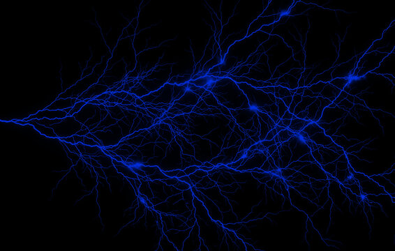 Vivid blue electric current spreading like a network of energy on a dark background, power concept