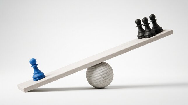 Power Imbalance: A single blue pawn is dwarfed by three black pawns on a seesaw, symbolizing an unequal distribution of power or influence.