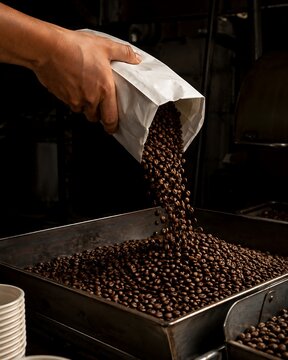 Worker filling coffee roaster machine with fresh aromatic brown beans