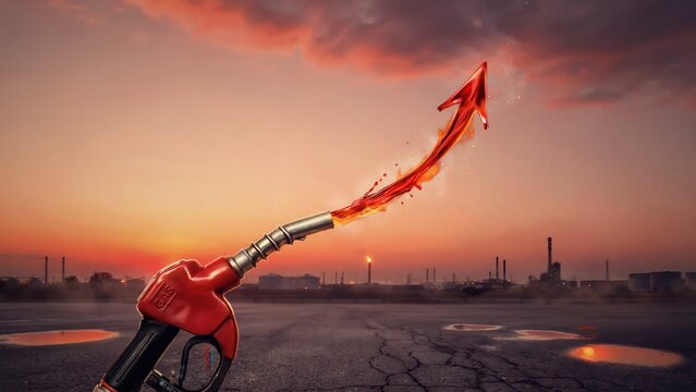 A red fuel pump nozzle sprays gasoline into an upward pointing arrow against a refinery sunset. Represents rising energy costs and global fuel supply challenges.