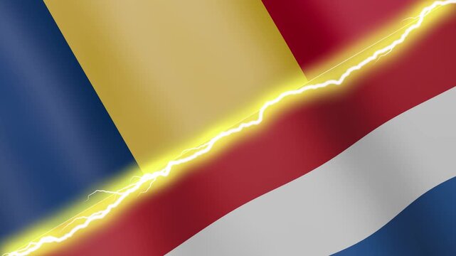 Two waving flags Chad and Netherlands with diagonal lightning seamless, 4k loop