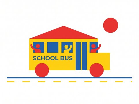 Colorful cartoon illustration of a school bus with happy children.
