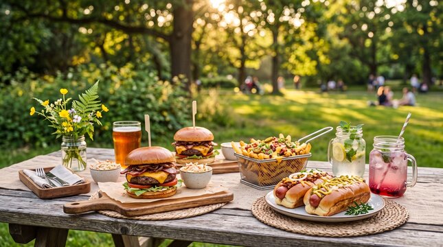 A sunny park picnic features gourmet burgers, loaded fries, hot dogs, and refreshing drinks on a wooden table.