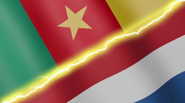 Two waving flags Cameroon and Netherlands with diagonal lightning seamless, 4k loop