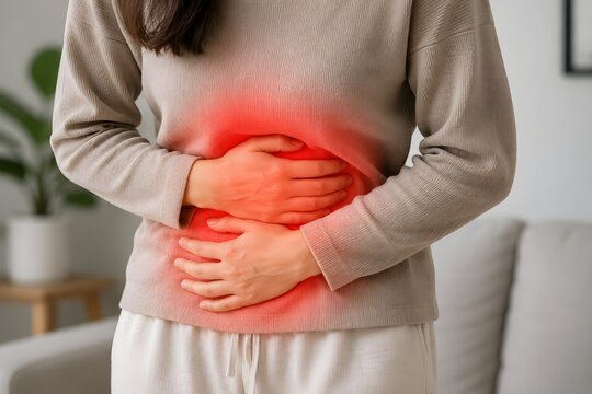 Woman experiencing severe stomach pain at home